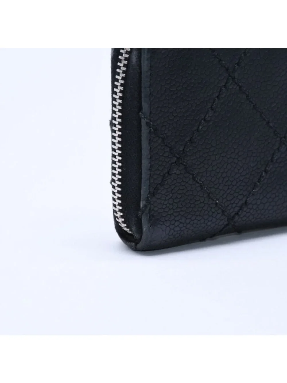 Chanel Leather Wallet Card Case CC Logo Wild Stitch Caviar Black Silver